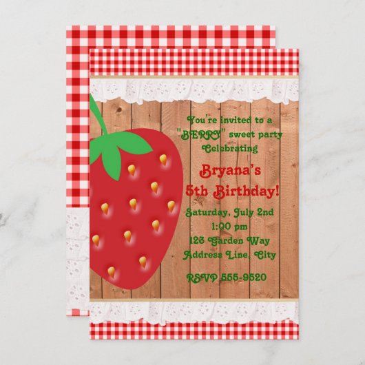 Country Strawberry Gingham Ruffles Einladung (Vorne/Hinten)