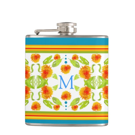 Country Style Marigolds Border Monogram Hip Flask Flachmann (Vorderseite)