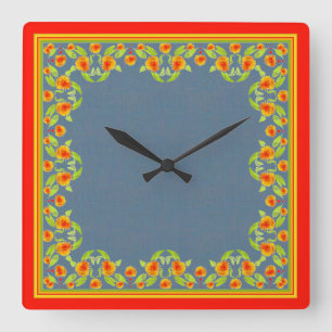 Country Style Marigolds Border on Indigo Blue Quadratische Wanduhr