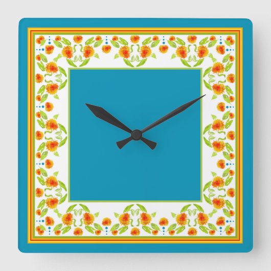 Country Style Marigolds Border Square Wall Uhr (Vorderseite)