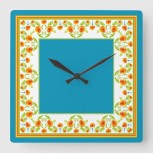 Country Style Marigolds Border Square Wall Uhr