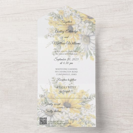 Country Sunblumen & Daisies mit QR-Code All In One Einladung (Innen Boden)