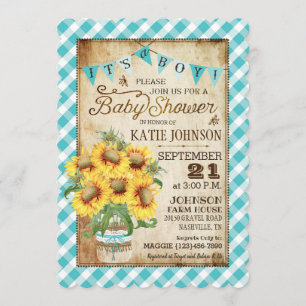 Country Sunblumen Gingham Karo Boy Baby Dusche Einladung