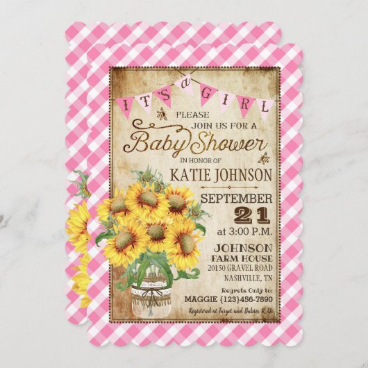 Country Sunblumen Gingham Karo Girl Baby Dusche Einladung (Vorne/Hinten)