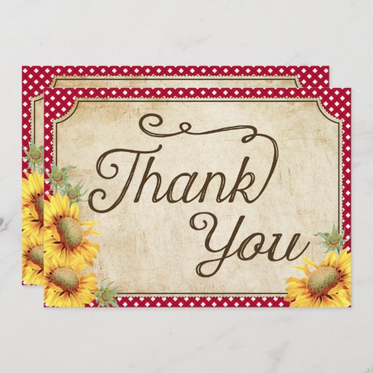 Country Sunblumen Gingham Karo Rustic Vielen Dank Dankeskarte (Vorne/Hinten)