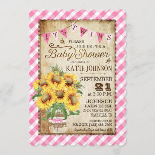 Country Sunblumen Gingham Karo Twins Baby Dusche Einladung