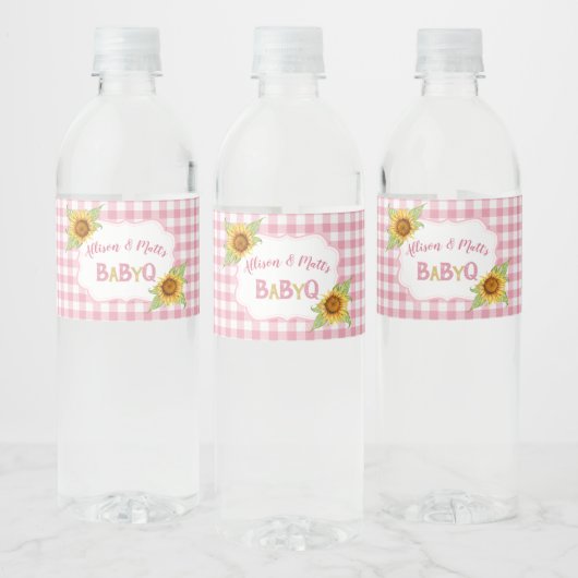 Country Sunblumen Pink Gingham Karo Baby Q GRILLEN Wasserflaschenetikett (Flaschen)