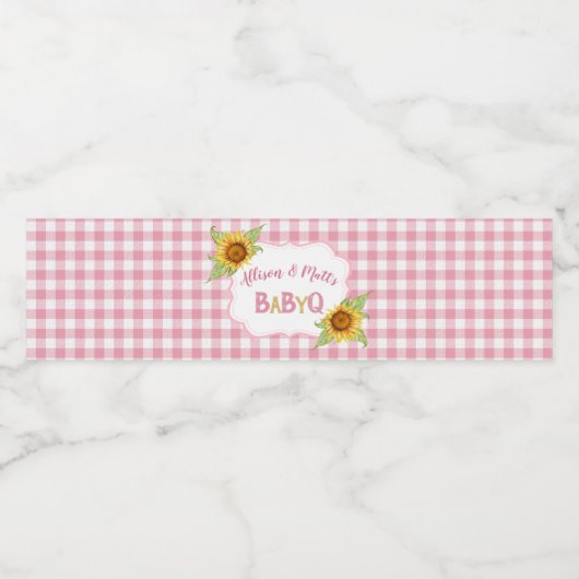 Country Sunblumen Pink Gingham Karo Baby Q GRILLEN Wasserflaschenetikett (Einzelnes Label)