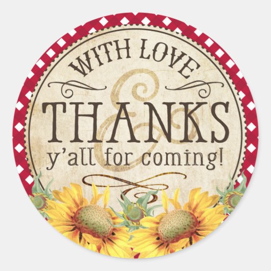 Country Sunblumen Red Gingham Karo Vielen Dank Runder Aufkleber (Vorderseite)