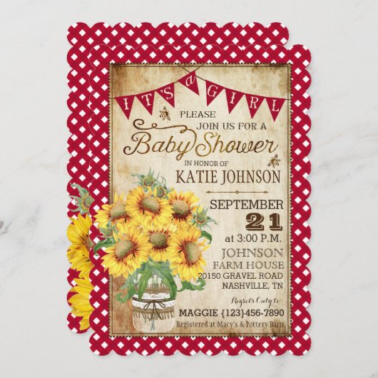 Country Sunblumen und Gingham Karo Baby Shower Einladung (Vorne/Hinten)