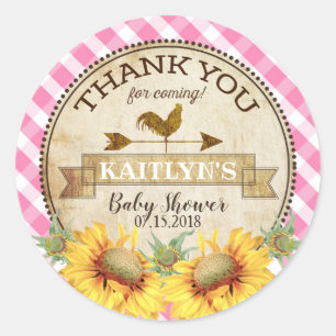 Country Sunblumen und Gingham Karo Baby Shower Runder Aufkleber
