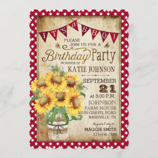 Country Sunblumen und Gingham Karo Geburtstag Einladung