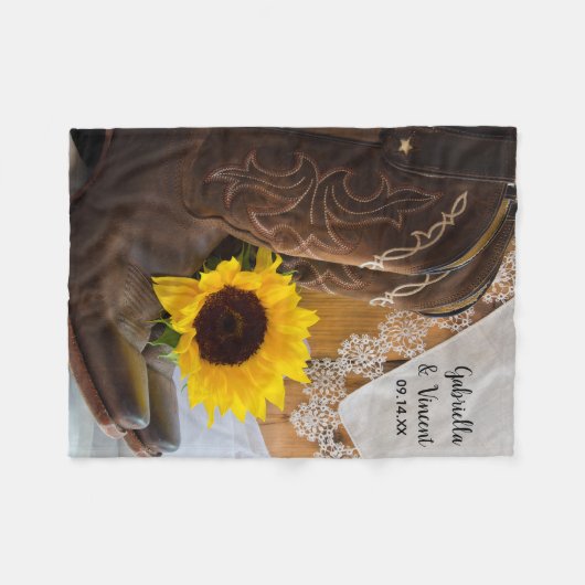 Country Sunflower and Lace Western Hochzeit Fleecedecke (Vorderseite (Horizontal))