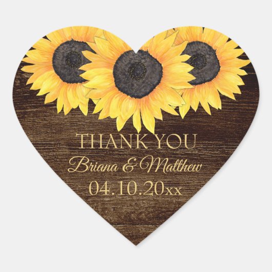 Country Sunflower auf Wood Wedding Heart Sticker (Vorderseite)