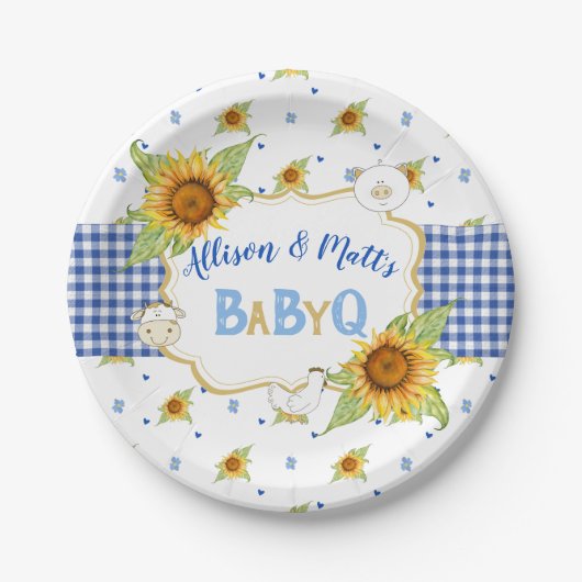Country Sunflower Blue Gingham Baby Q Barbeque Pappteller (Vorderseite)