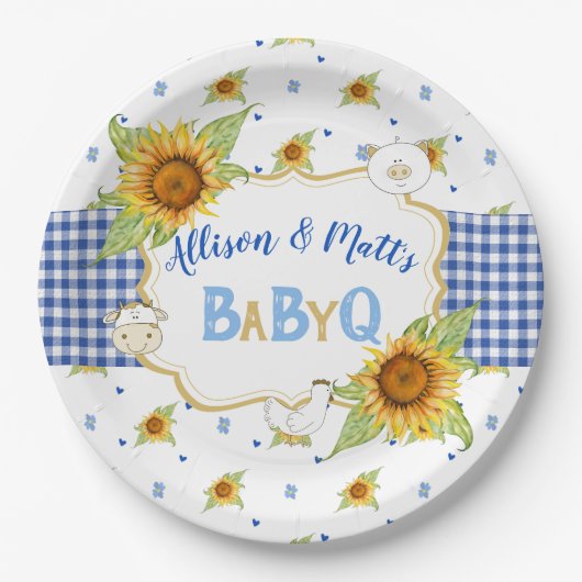 Country Sunflower Blue Gingham Baby Q Barbeque Pappteller (Vorderseite)