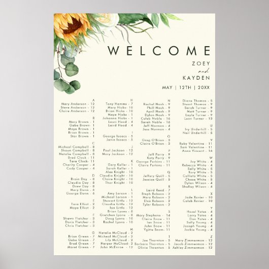 Country Sunflower | Gelbe Alphabetische Sitzplätze Poster