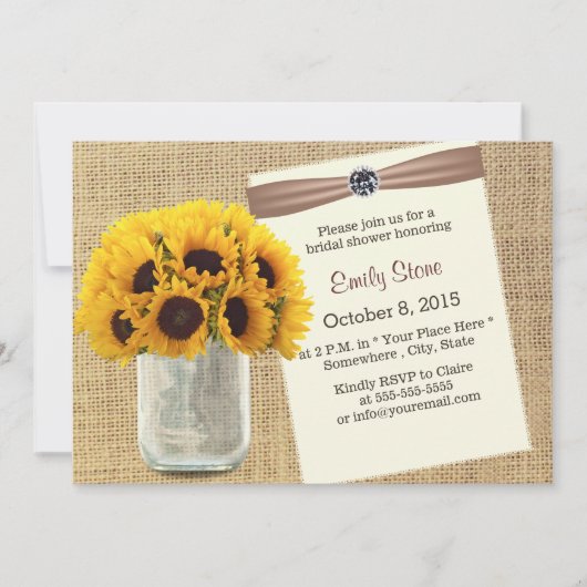 Country Sunflower & Mason Jar Burlap Brautparty Einladung (Vorderseite)