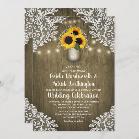 Country Sunflower Mason Jar Hochzeitseinladungen Einladung (Vorne/Hinten)