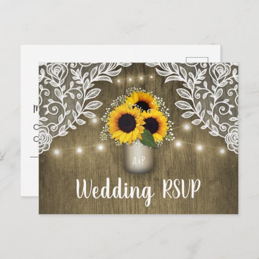 Country Sunflower Mason Jar Wedding RSVP Postkarte (Vorne/Hinten)