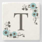 Country Sunflower Monogram Aqua Steinuntersetzer (Vorderseite)