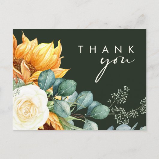 Country Sunflower Script | Green Wedding Danke Postkarte (Vorderseite)