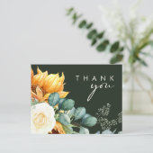 Country Sunflower Script | Green Wedding Danke Postkarte (Stehend Vorderseite)