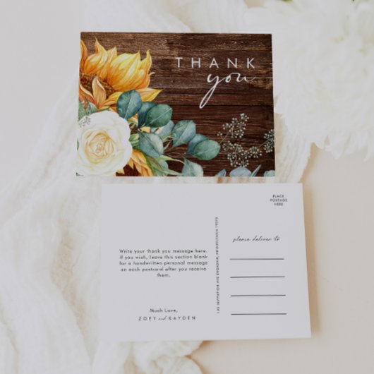 Country Sunflower Script | Wood Wedding Vielen Dan Postkarte