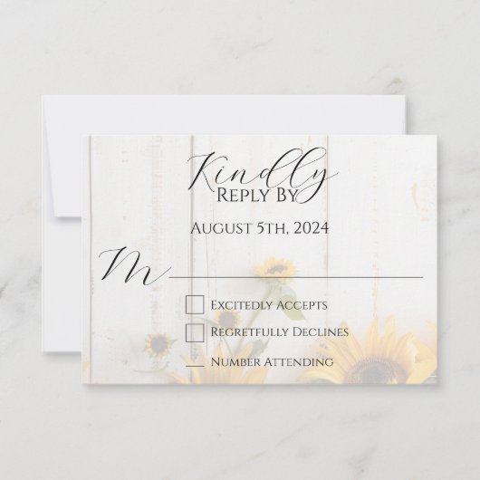 Country Sunflower und Rustic Barn Wood Wedding RSVP Karte (Vorderseite)
