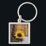 Country Sunflower Western Wedding Schlüsselanhänger<br><div class="desc">The charming Country Sunflower Western Wedding Keychain can be personalized with the names of the bride and groom and marriage ceremony date to create a keepsake gift for the newlyweds or party favor. This casual yet classy custom rustic chic nuptial key chain features a quaint floral photograph of brown leather...</div>