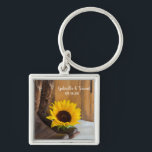 Country Sunflower Western Wedding Schlüsselanhänger<br><div class="desc">The charming Country Sunflower Western Wedding Keychain can be personalized with the names of the bride and groom and marriage ceremony date to create a keepsake gift for the newlyweds or party favor. This casual yet classy custom rustic chic nuptial key chain features a quaint floral photograph of brown leather...</div>