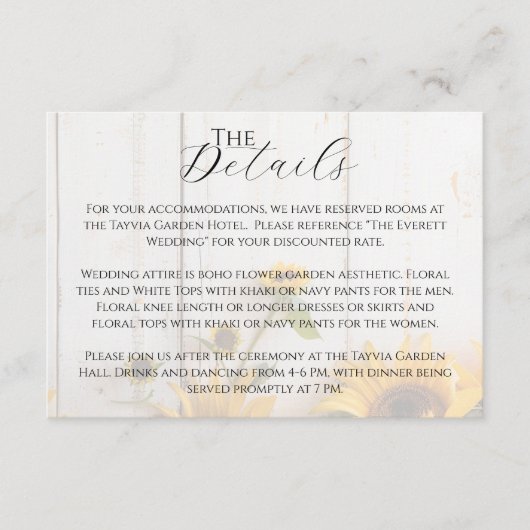 Country Sunflower White Barn Wood Wedding Details Begleitkarte (Vorderseite)