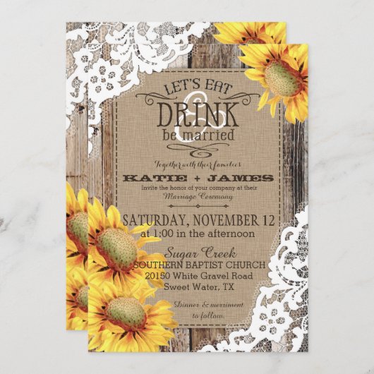 Country Sunflower Wood Lace Rustikale Hochzeit Einladung (Vorne/Hinten)