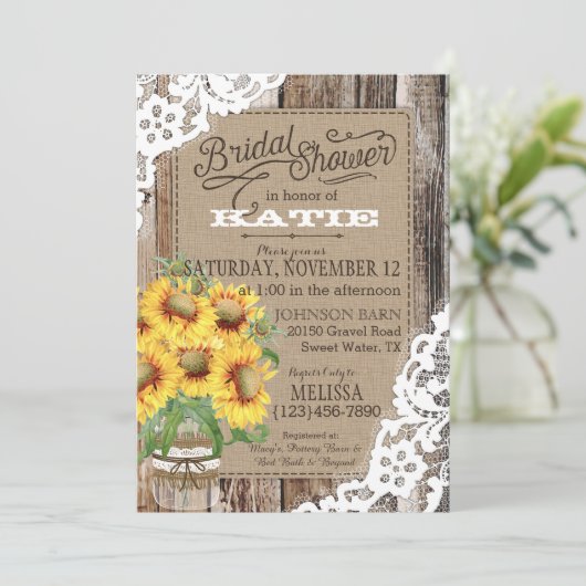 Country Sunflower Wood Lace Rustikales Brautparty Einladung (Stehend Vorderseite)