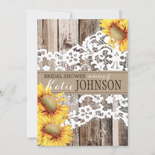 Country Sunflower Wood Lace Rustikales Brautparty Einladung (Rückseite)