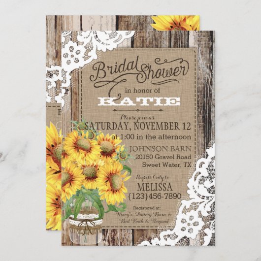 Country Sunflower Wood Lace Rustikales Brautparty Einladung (Vorne/Hinten)