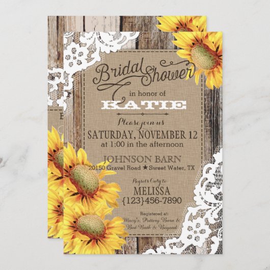 Country Sunflower Wood Lace Rustikales Brautparty Einladung (Vorne/Hinten)