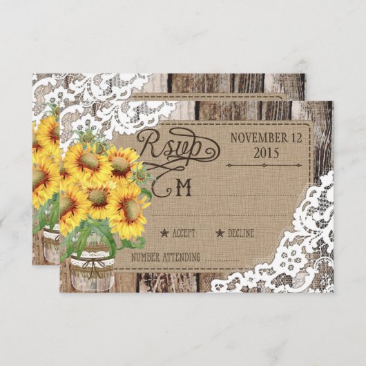 Country Sunflower Woods Lace Rustic RSVP Card (Vorne/Hinten)