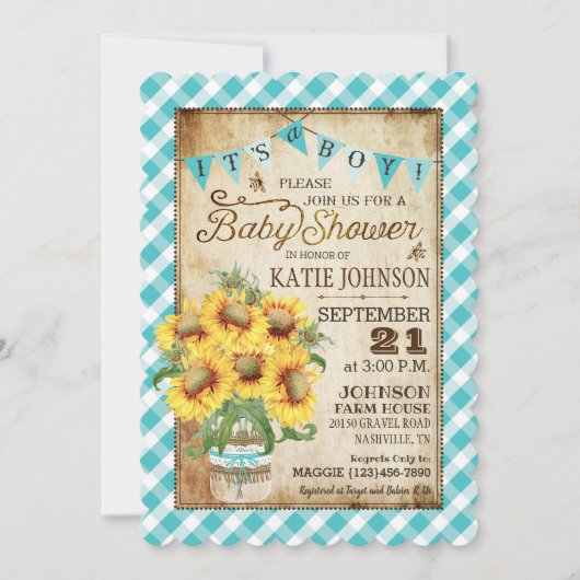 Country Sunflowers Gingham Karo Boy Baby Shower Einladung (Vorderseite)