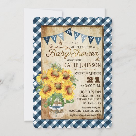 Country Sunflowers Gingham Karo Boy Baby Shower Einladung (Vorderseite)