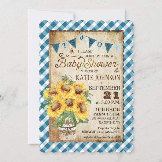 Country Sunflowers Gingham Karo Boy Baby Shower Einladung (Vorderseite)