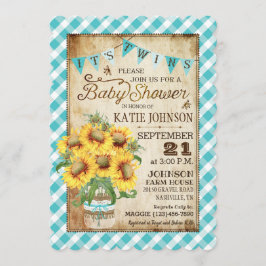 Country Sunflowers Gingham Karo Twins Baby Dusche Einladung