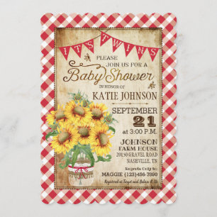 Country Sunflowers Gingham Karo Twins Baby Dusche Einladung