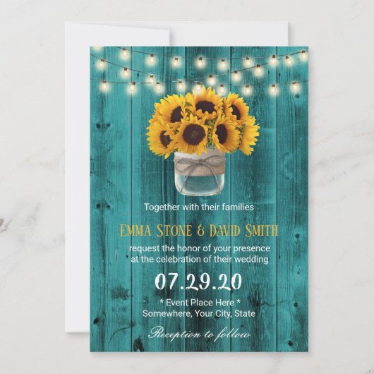 Country Sunflowers Jar Rustic Aquamarin Stall Wedd Einladung (Vorderseite)