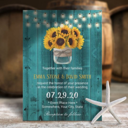 Country Sunflowers Jar Rustic Aquamarin Stall Wedd Einladung