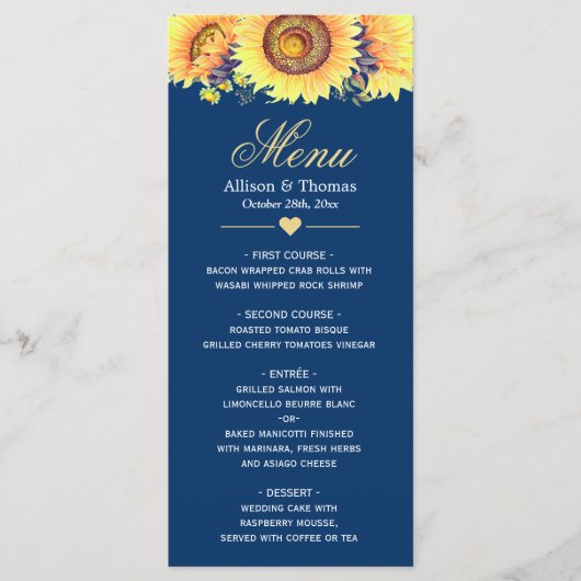 Country Sunflowers Navy Blue Wedding Menu Menükarte (Vorderseite)