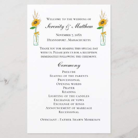 Country Sunflowers Rustic Floral Wedding Programm (Vorderseite)