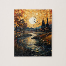 Country Sunset mit Vögeln und Stream Jigsaw Puzzle