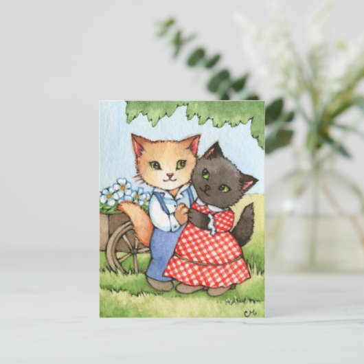 Country Sweethearts - Niedliche Cat Couple Art Postkarte (Stehend Vorderseite)
