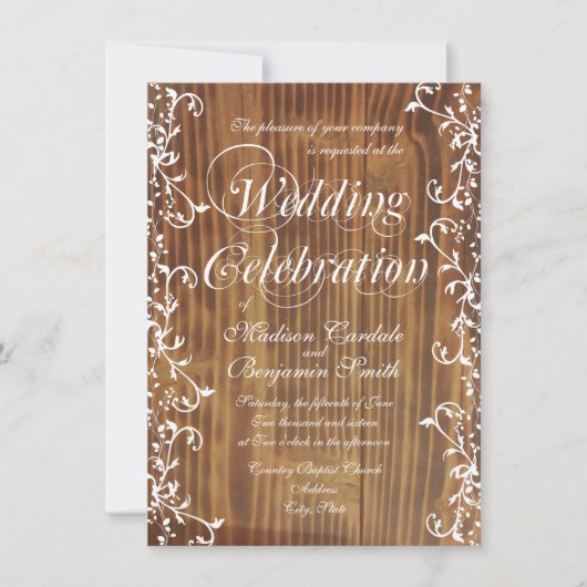 Country Swirl Rustic Wood Wedding Einladungen (Vorderseite)